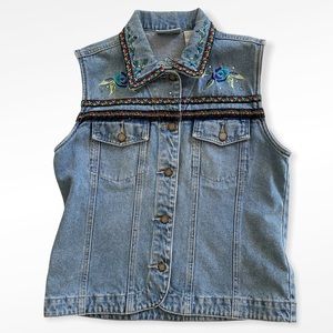 Vintage Bill Blass Jeans Floral Embroidery Embellished Light Wash Denim Vest